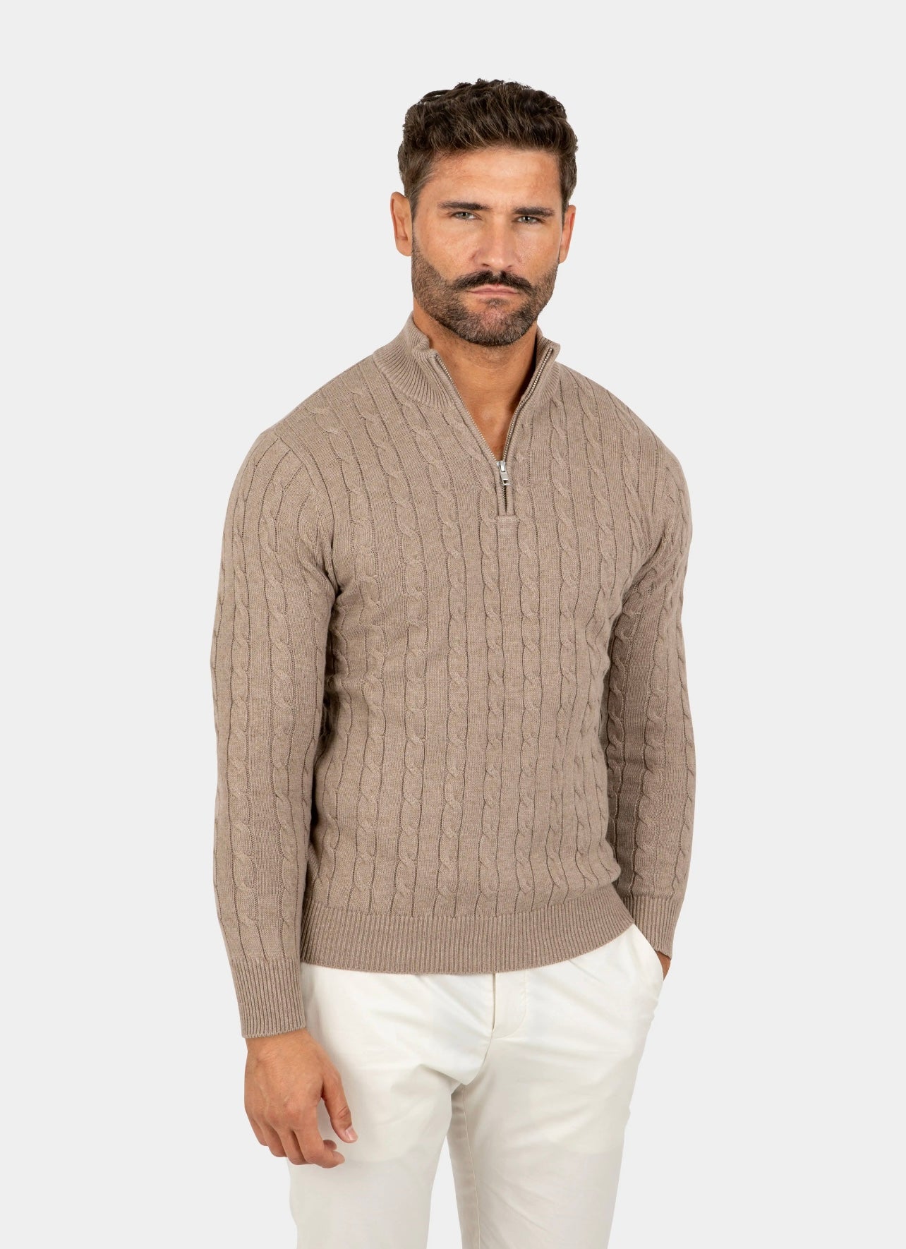 Cotton Cable Knit Half-Zip Sweater - Light Brown