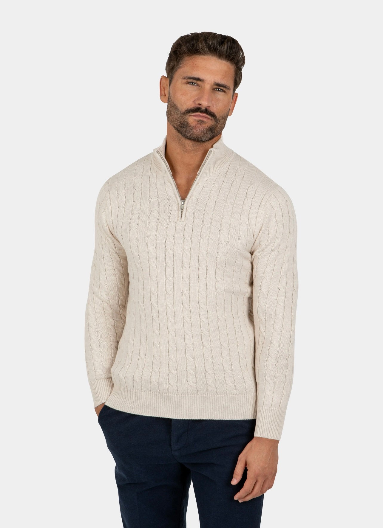 Cotton Cable Knit Half-Zip Sweater White