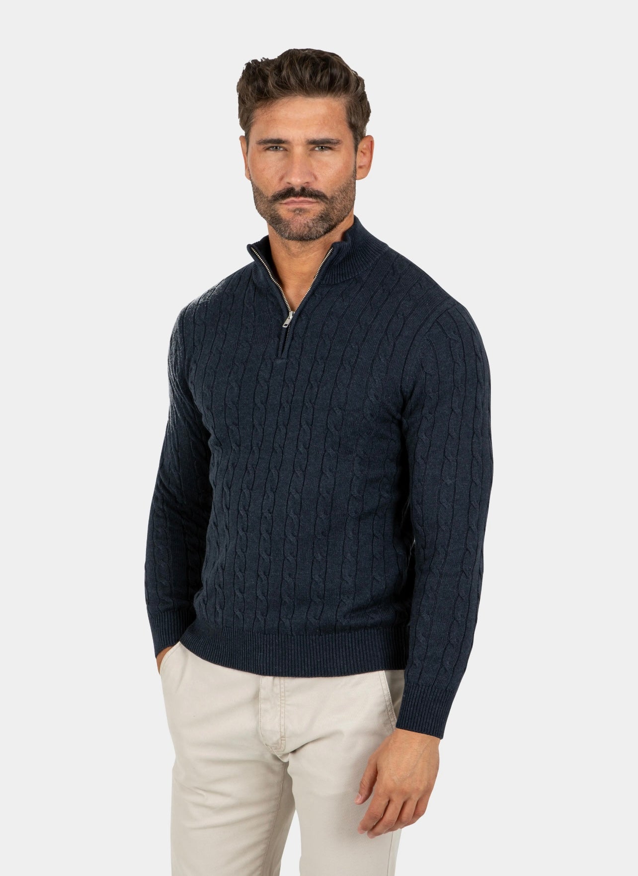 Cotton Cable Knit Half-Zip Sweater Navy